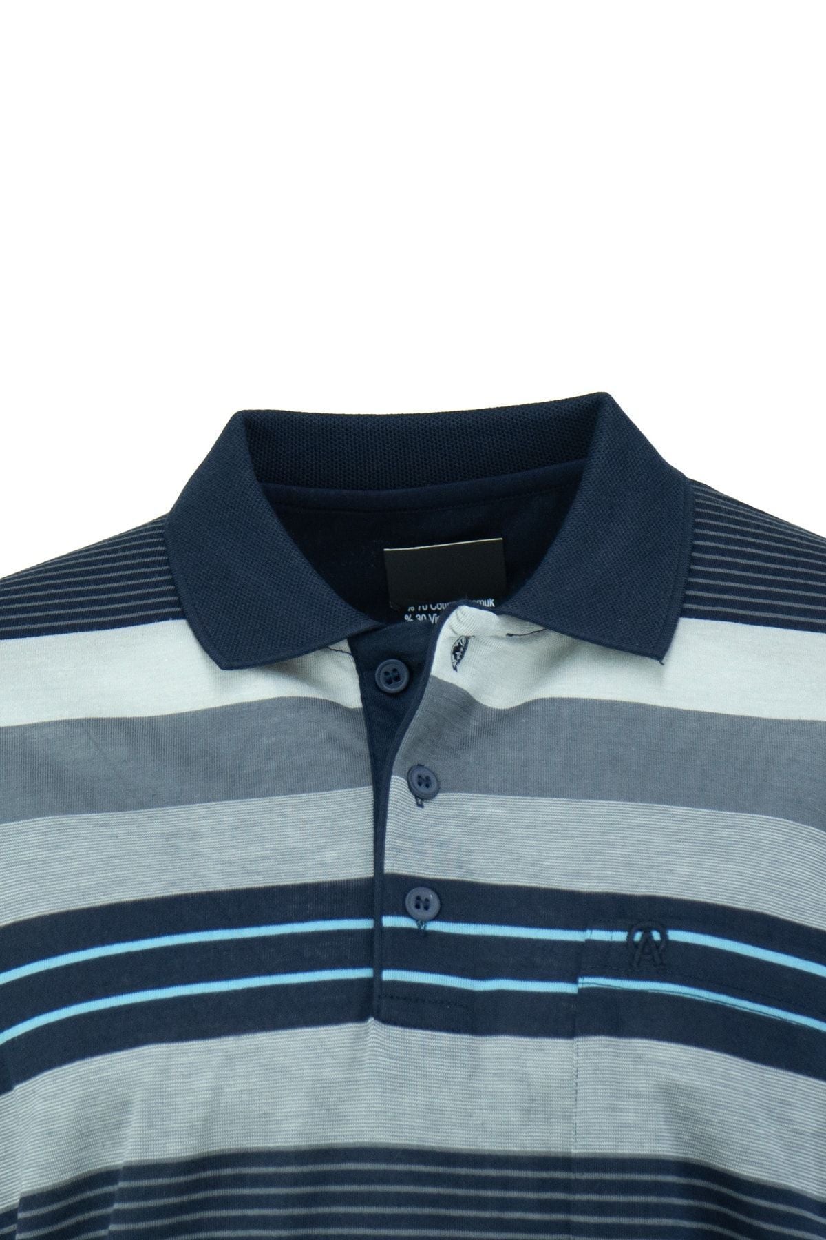 Erkek Klasik Polo Yaka Cepli Kısa Kol Ringerli Çizgi Desenli Tam Kalıp Pamuklu Kumaş T-Shirt